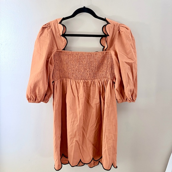 TCEC Scalloped Button Front Puff Sleeve Mini Dress Terracotta Orange Large - Picture 4 of 5